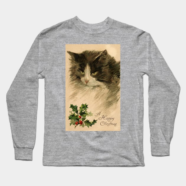 Beautiful cat with Holly wishing a happy Christmas Long Sleeve T-Shirt by RedThorThreads